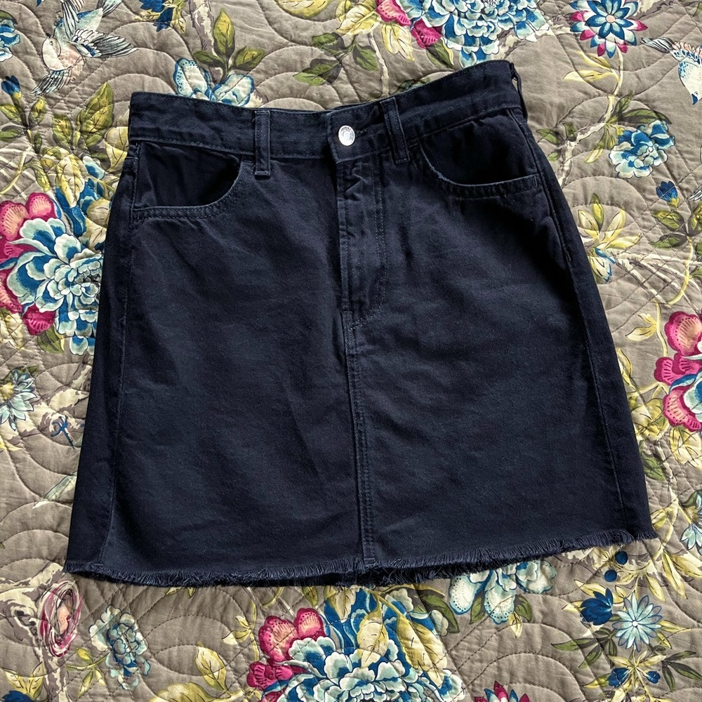Black Denim Fringe Skirt